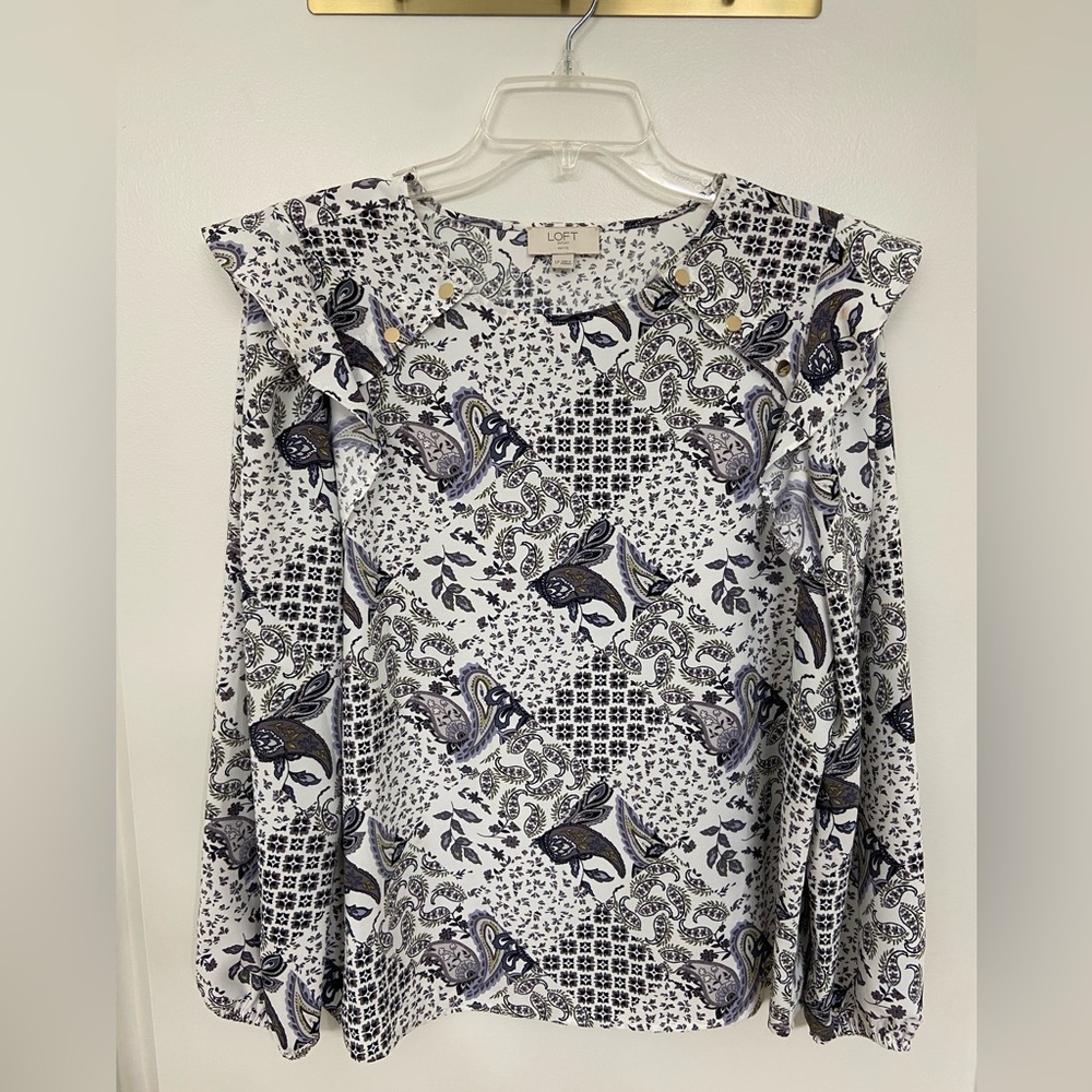 LOFT White and Black Paisley Ruffle Sleeve Blouse with gold accent buttons